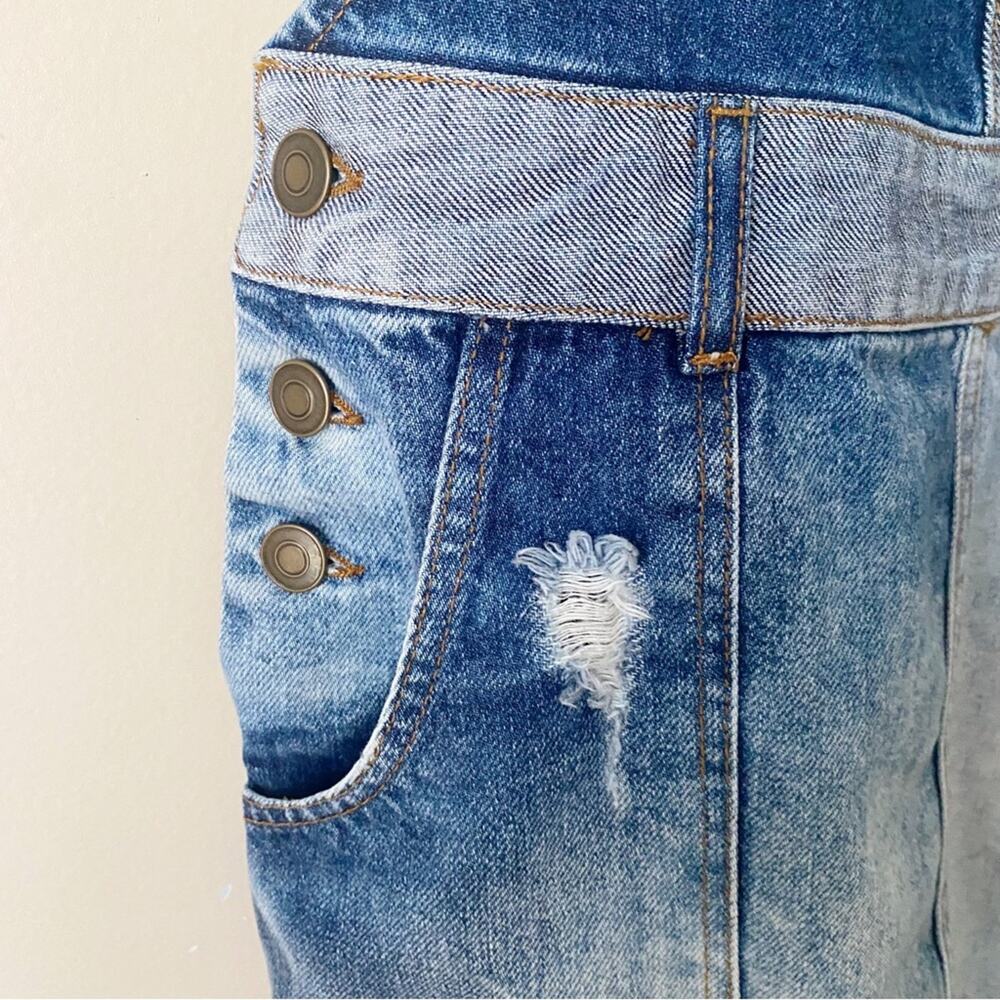Free People | Patchwork Denim Jumper Overall Mini Dress Distressed Pockets SZ 4 - Picture 6 of 10